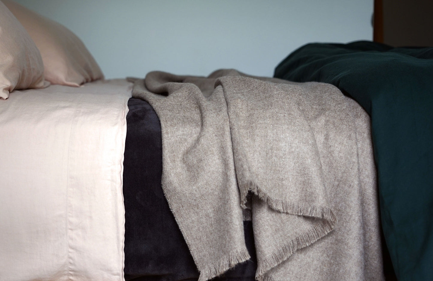 LIAM 100% baby alpaca soft throw XL throw almond blue fig graphite poppy rose soft grey spice sugar | AREA home bedding