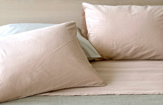 PERLA 100% cotton sateen fitted sheet celeste honey plant porcelain powder slate white | AREA home bedding