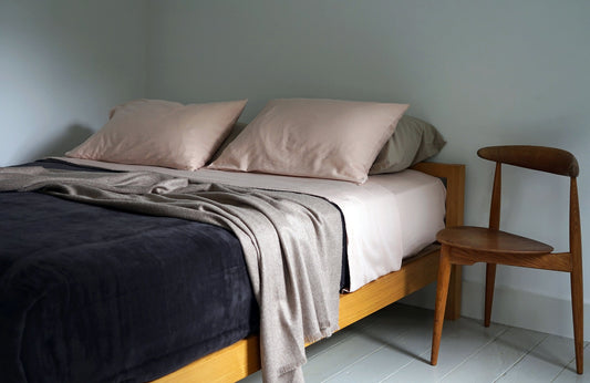 PERLA 100% cotton sateen fitted sheet celeste honey plant porcelain powder slate white | AREA home bedding